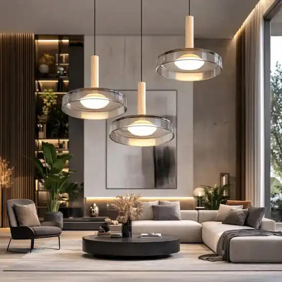 Miglior Prezzo Lampadario a 3 sospenssioni moderna vetro cromo legno per soggiorno