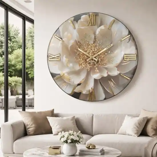 Subito Disponibile Grande orologio da parete 100cm fiore bianco resina oro cristalli