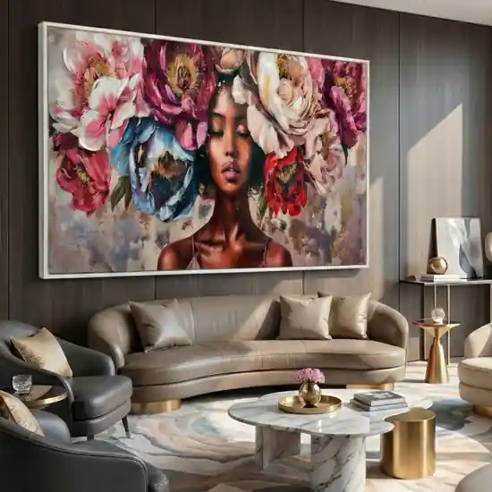 A Buon Prezzo Quadro moderno donna floreale 150x75 decoro resina cornice bianca