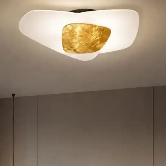 A Buon Prezzo Plafoniera per camera da letto 54cm vetri bianchi foglia oro strategy top light
