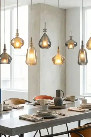A Buon Prezzo Lampadario con vetri ambra cromo 8 pendenti per tavolo sala da pranzo