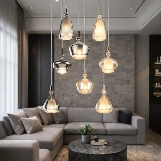 Lampadario con 8 sfere di vetro ambra cromo per soggiorno salotto Offerta Del Giorno