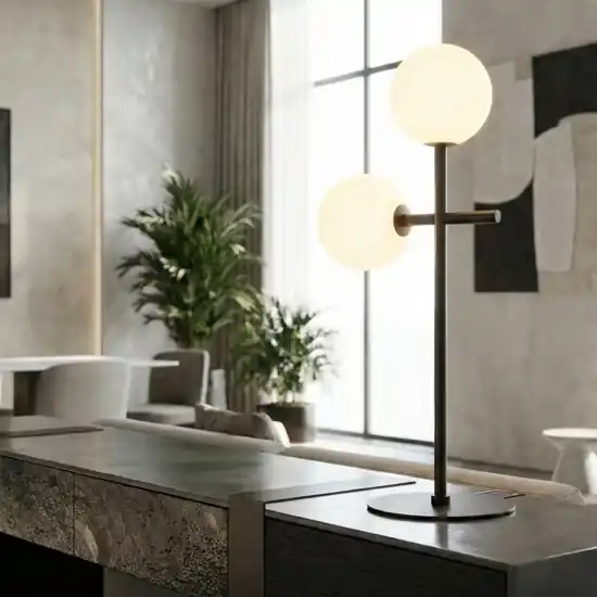 Promozione Esclusiva Lampada da tavolo moderna nera sfere vetro bianco