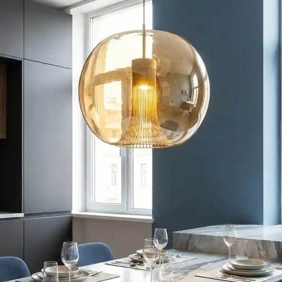 Lampadario sfera di vetro ambra trasparente struttura oro Spedizione Espresso