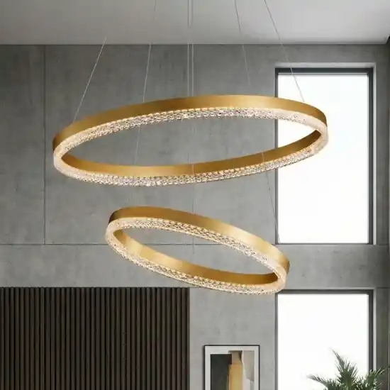 Lampadario moderno anelli oro spazzolato cristalli led 3000k dimmerabile Reso Gratuito