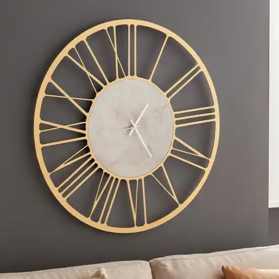 Professionale Orologio da parete oro rotondo numeri romani effetto marmo