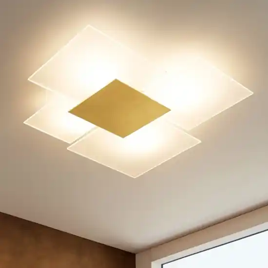Prezzo Scontato Plafoniera moderna per cucina in vetro bianco foglia oro rettangolare
