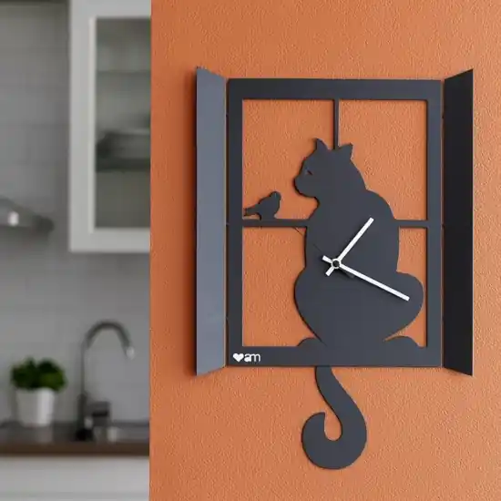 Orologio da parete gatto alla finestra nero con pendolo Affare