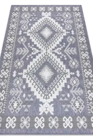 A Buon Prezzo Tappeto SISAL SION azteco tessuto piatto blu / rosa / ecru