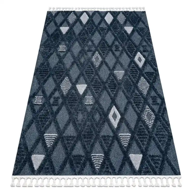 Tappeto SEVILLA Y499B traliccio, diamanti blu Frange berbero marocchino shaggy Nuovo Arrivo
