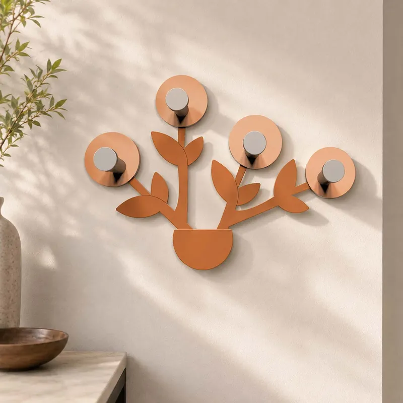 Promozione Appendiabiti da parete in legno a forma di vaso con fiori e 4 ganci