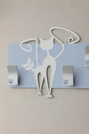 Appendiabiti da parete da ingresso in legno con coppia di gatti intagliata Prezzo Ridotto