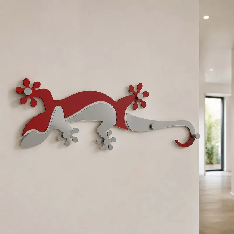 Subito Disponibile Attaccapanni a muro di design in legno con geco e ganci in alluminio