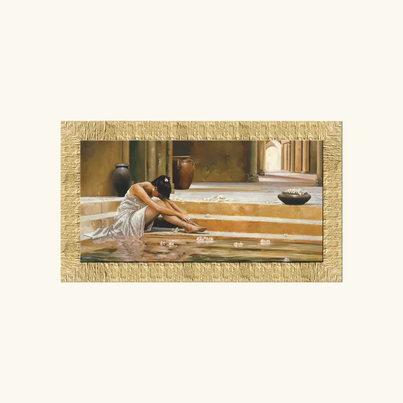 Stampa su tela con cornice dorata moderna in legno dettagli glitterati 51x86 Economico