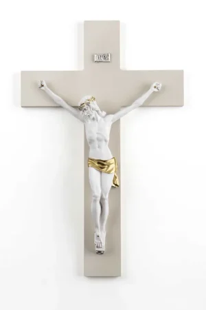 Acquista Ora Crocifisso bianco e oro piccolo con croce in legno dalle linee moderne 16x25