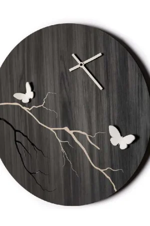 Consegna Rapida Orologio da parete rotondo moderno in legno con applicazioni di farfalle