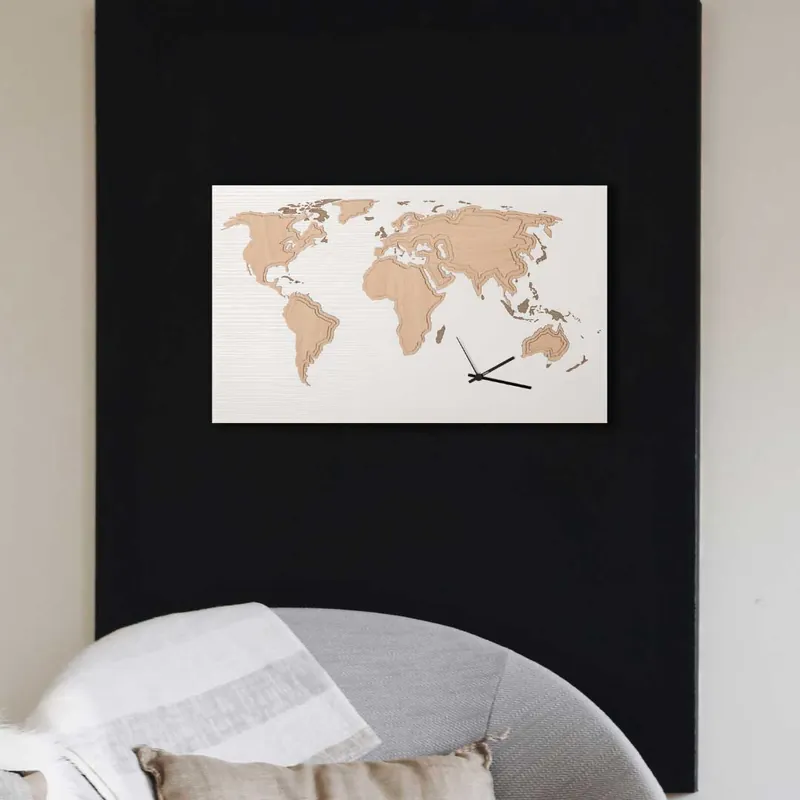 Occasione Imperdibile Orologio da parete rettangolare in legno con mappamondo dal design moderno