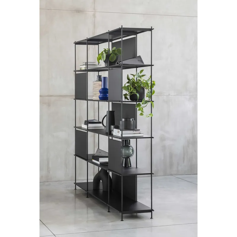 Libreria alta componibile moderna in acciaio con varie scaffalature a vista Promozione