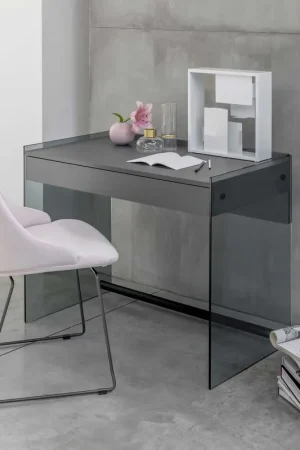 Ultimissimo Modello Scrivania con struttura in vetro top e cassetto in legno