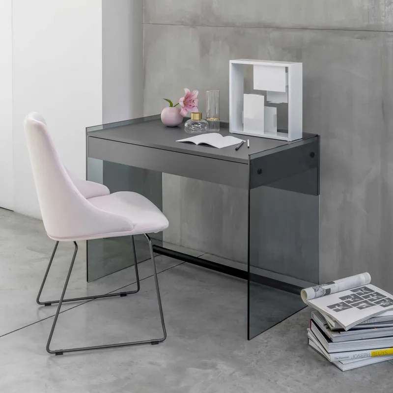 Ultimissimo Modello Scrivania con struttura in vetro top e cassetto in legno