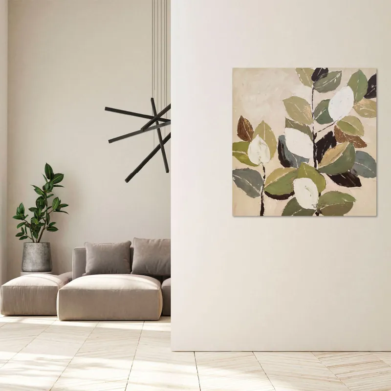 Quadro moderno astratto dipinto a mano su tela "Foliage 1" 90x90 Popolare