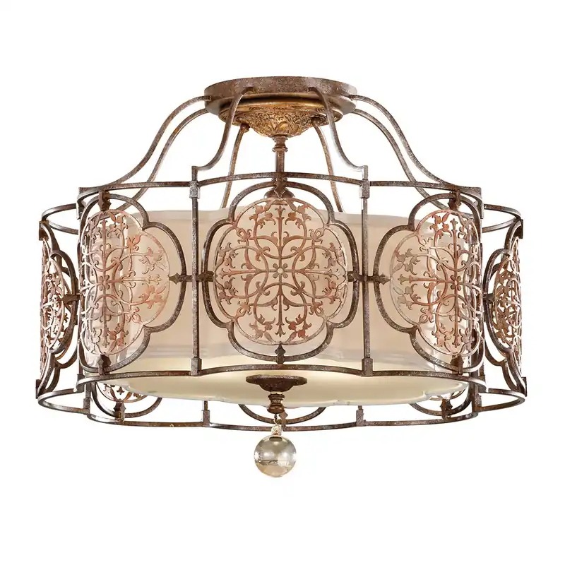 Lampada a soffitto rustica rotonda in acciaio con diffusore in vetro a 3 luci - 60W - IP20 Spedizione Espresso