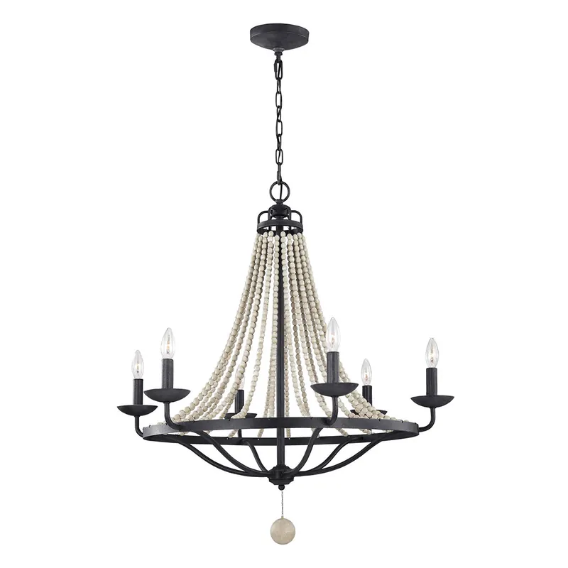 Offerta Speciale Lampadario grande classico in acciaio con dettagli in legno a 6 luci - 40W - IP20