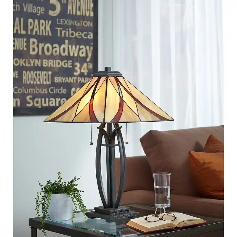 Quantità Limitata Lampada da tavolo classica in metallo con diffusore in vetro tiffany a 2 luci - 60W - IP20
