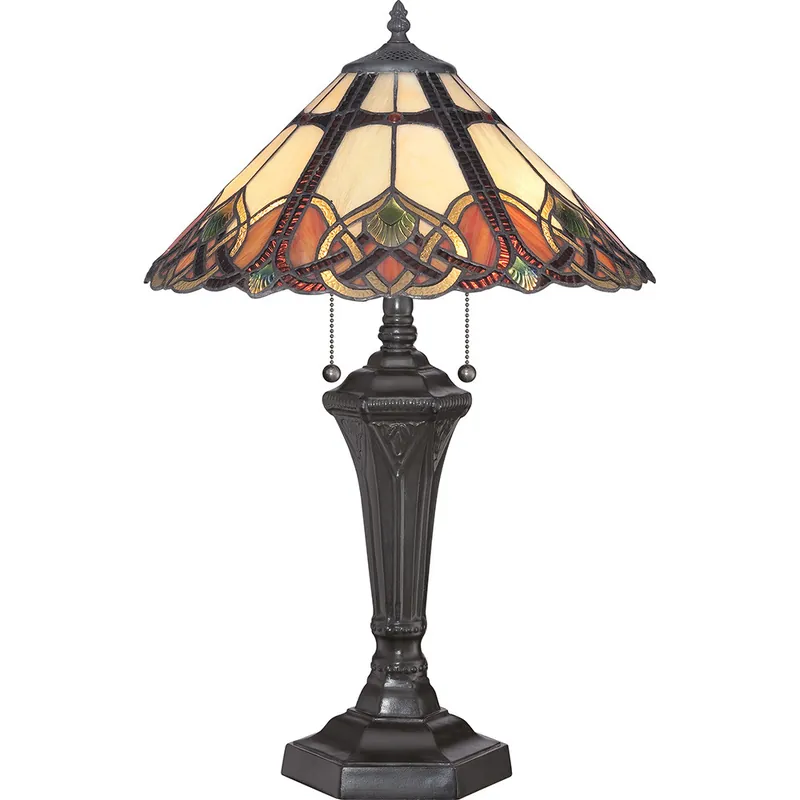 Lampada da tavolo classica in acciaio con paralume in vetro tiffany a 2 luci - 75W - IP20 Spedito Oggi