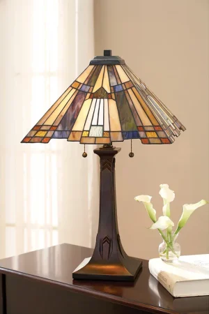 A Buon Prezzo Lampada da scrivania in metallo con paralume in vetro tiffany a 2 luci - 60W - IP20