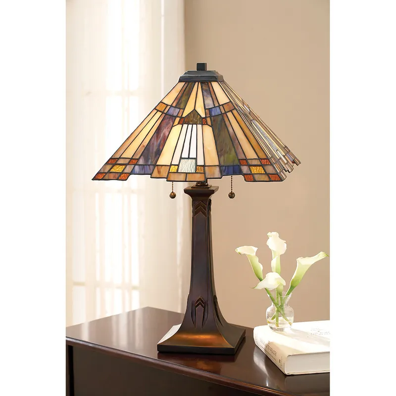 A Buon Prezzo Lampada da scrivania in metallo con paralume in vetro tiffany a 2 luci - 60W - IP20