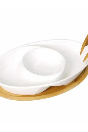 Antipastiera in porcellana con forchettine e base in bamboo Must-Have
