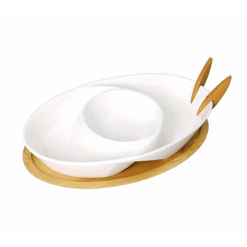 Antipastiera in porcellana con forchettine e base in bamboo Must-Have