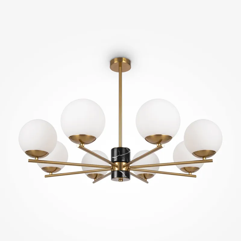 Lampadario in metallo e marmo con otto diffusori in vetro opalino - 60W - IP20 Subito Disponibile