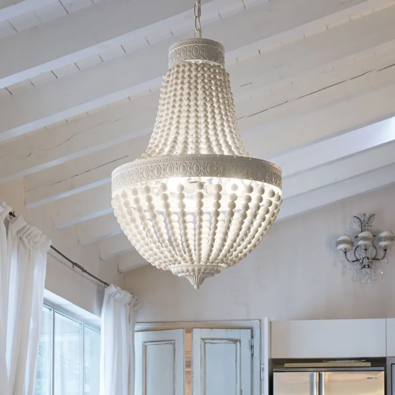 Prezzo Conveniente Lampadario grande rustico in metallo con decorazioni in perle di legno - 40W - IP20