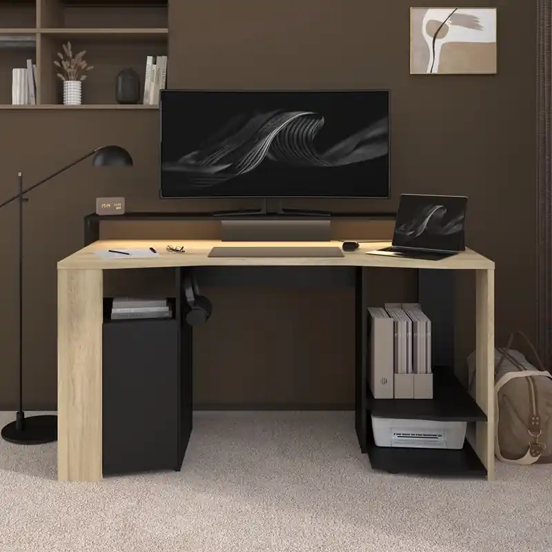 Scrivania moderna gaming led 152xH87 cm rovere nero Arkos Prezzo Di Fabbrica