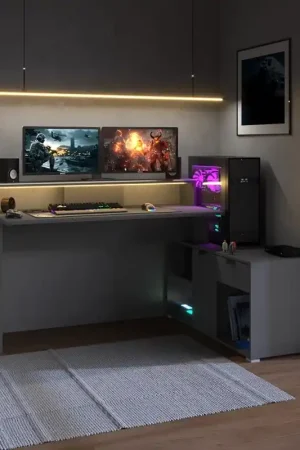 Scrivania moderna gaming led angolare 134xH94 cm antracite Auralis Prezzo Ridotto