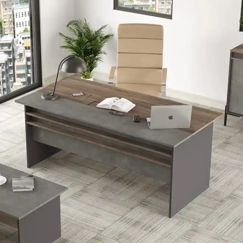 Scrivania ufficio moderna lineare 180xH75 cm rovere scuro antracite ossido Office Vendita Finale