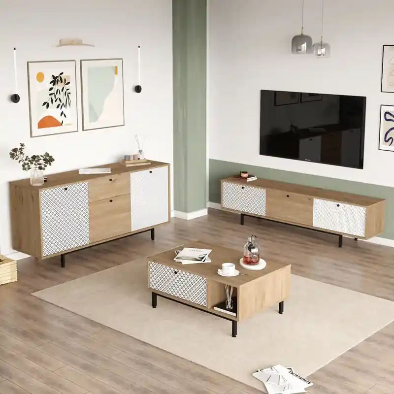 Novità Set mobili soggiorno moderno completo porta tv tavolino credenza rovere fantasia Bice