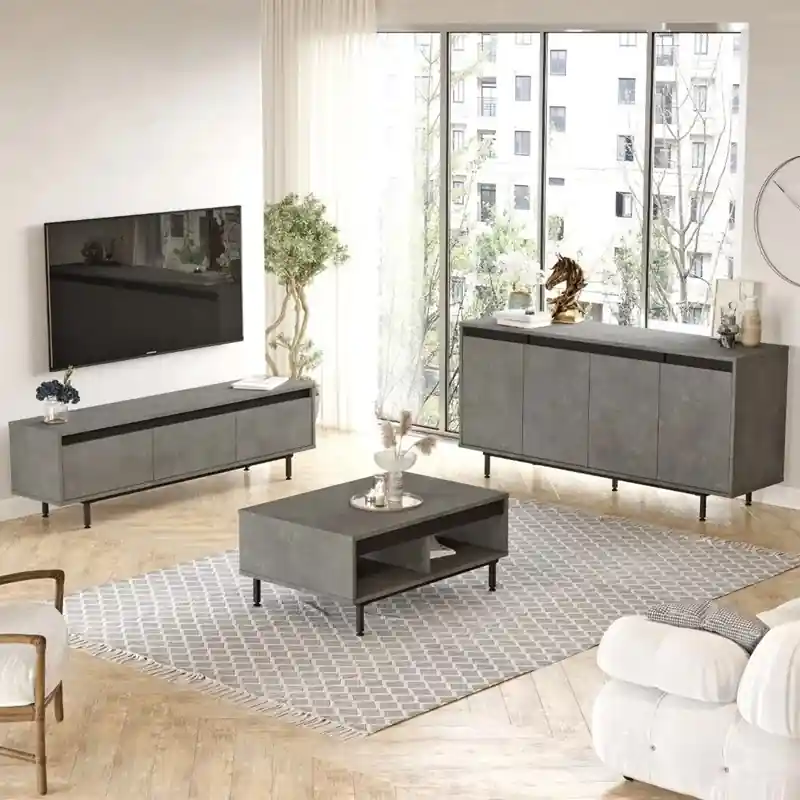 Set mobili soggiorno moderno completo sala cemento nero Malik Reso Gratuito