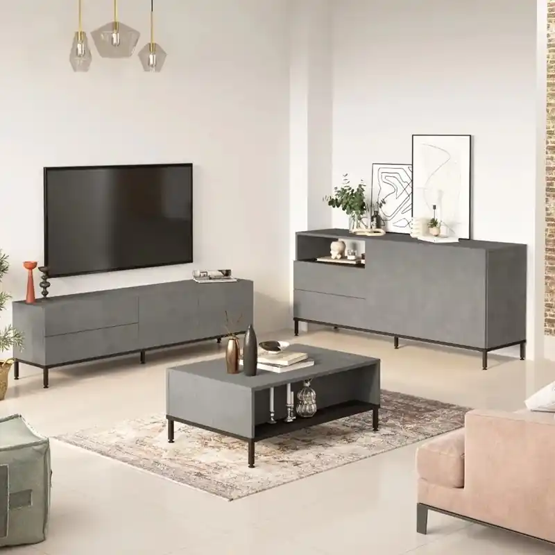 Set mobili soggiorno moderno completo sala cemento nero Raul Prezzo Scontato