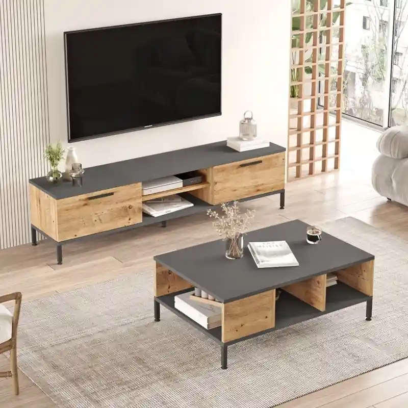 Set soggiorno moderno industrial porta tv tavolino rovere antracite Caius Offerta Limitata