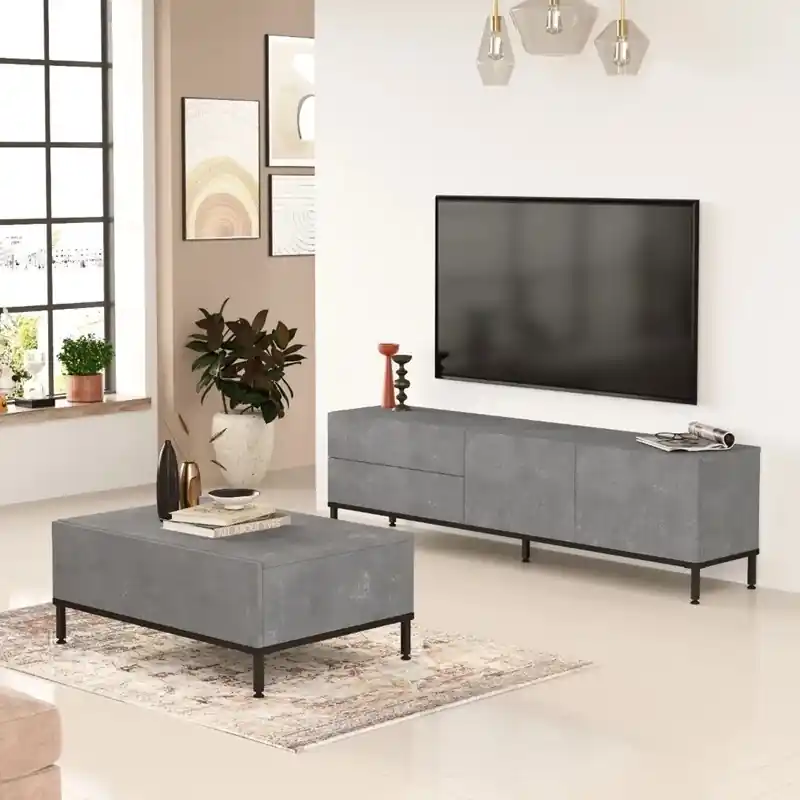Set soggiorno moderno porta tv tavolino cemento nero Raul Ultimissimo Modello