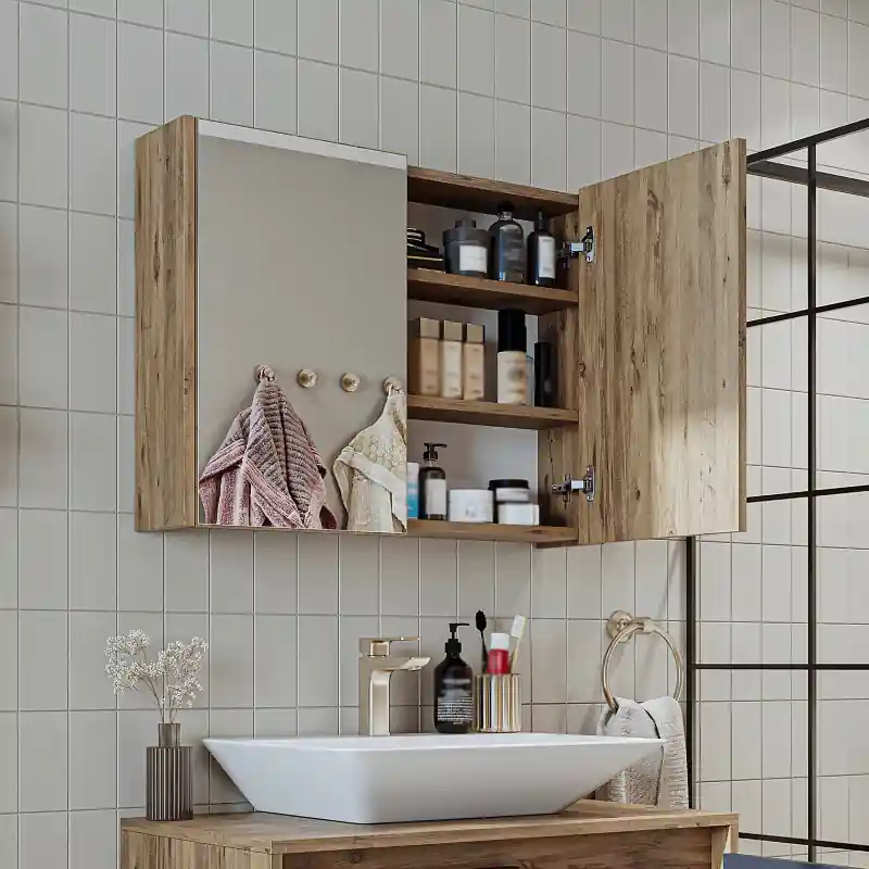 Specchio bagno contenitore 2 ante mensola 80xH60 rovere Corallo Offerta Lampo