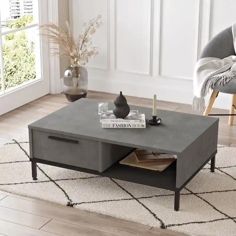 Nuovo Arrivo Tavolino soggiorno moderno basso 90xH32 cm 1 cassetto cemento nero Jonas