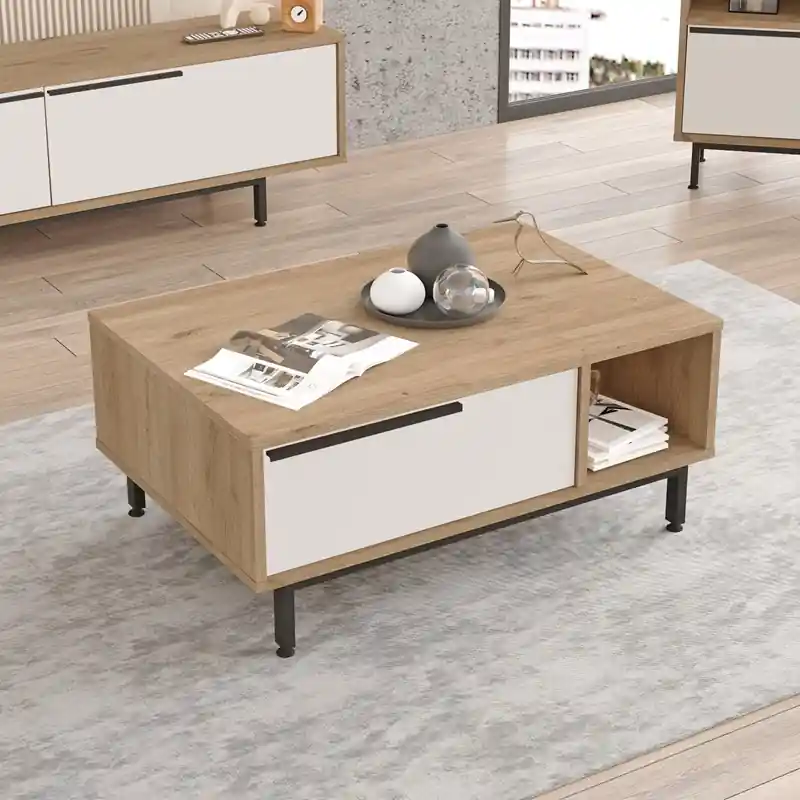 Tavolino soggiorno moderno basso 90xH38 cm 1 ribalta rovere bianco Kenzo Pagamento Sicuro