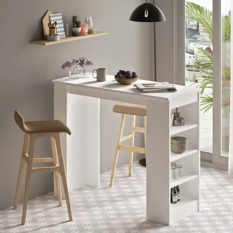 Tavolo moderno 120x102cm a penisola bar con ripiani bianco Dorian Affare