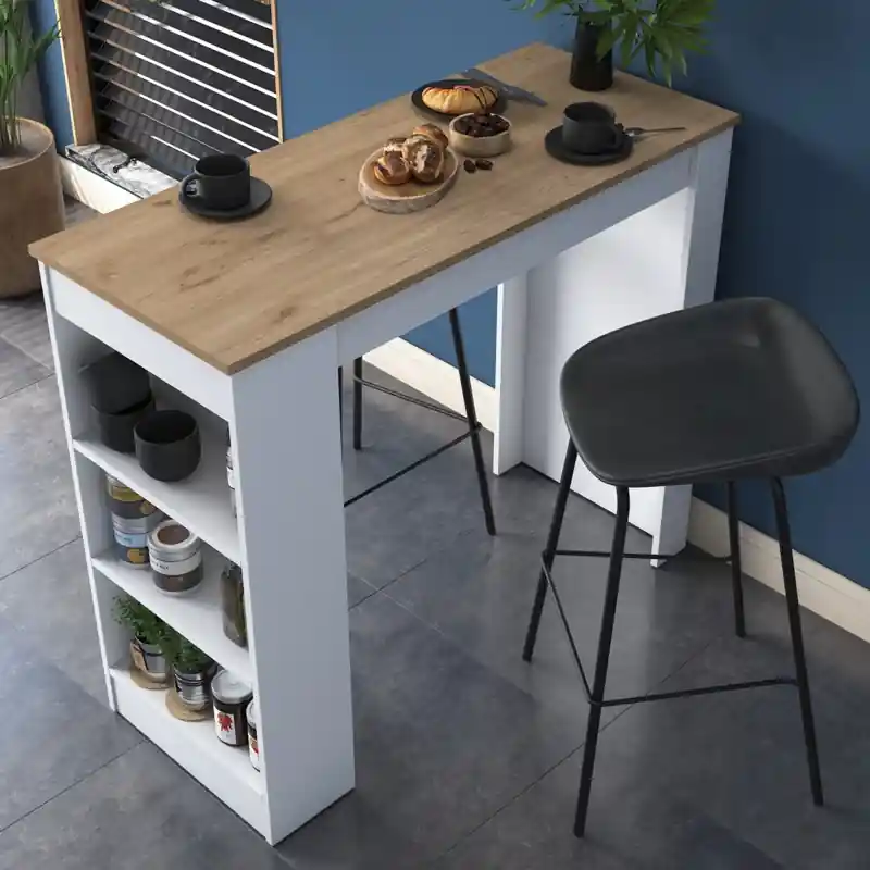 Economico Tavolo moderno 120xH102cm a penisola bar ripiani bianco rovere Elian