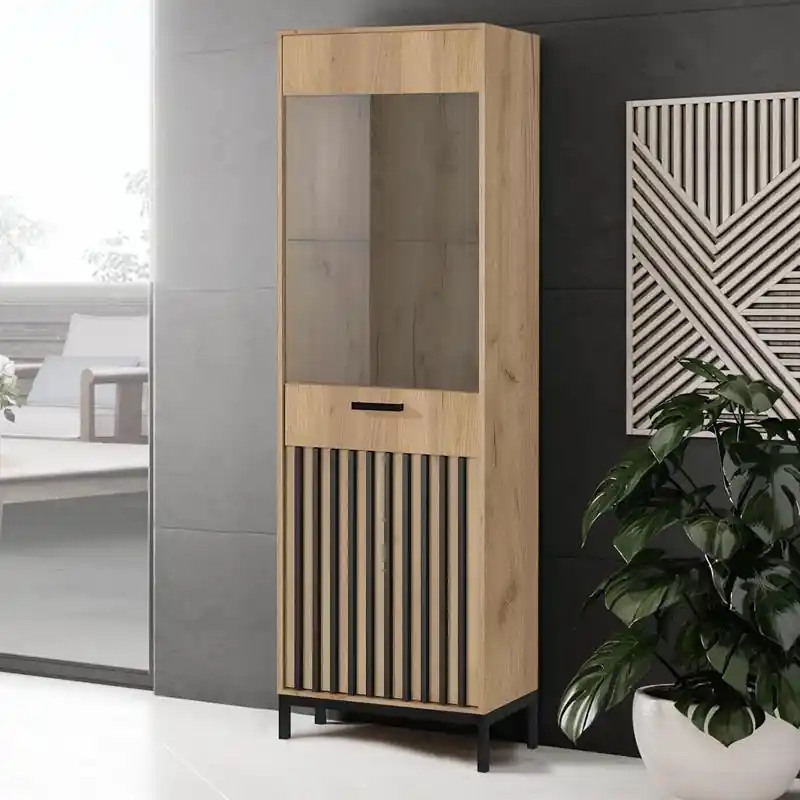 Vetrina alta moderna soggiorno 2 ante 54xH191 rovere nero Hollister Offerta Del Giorno