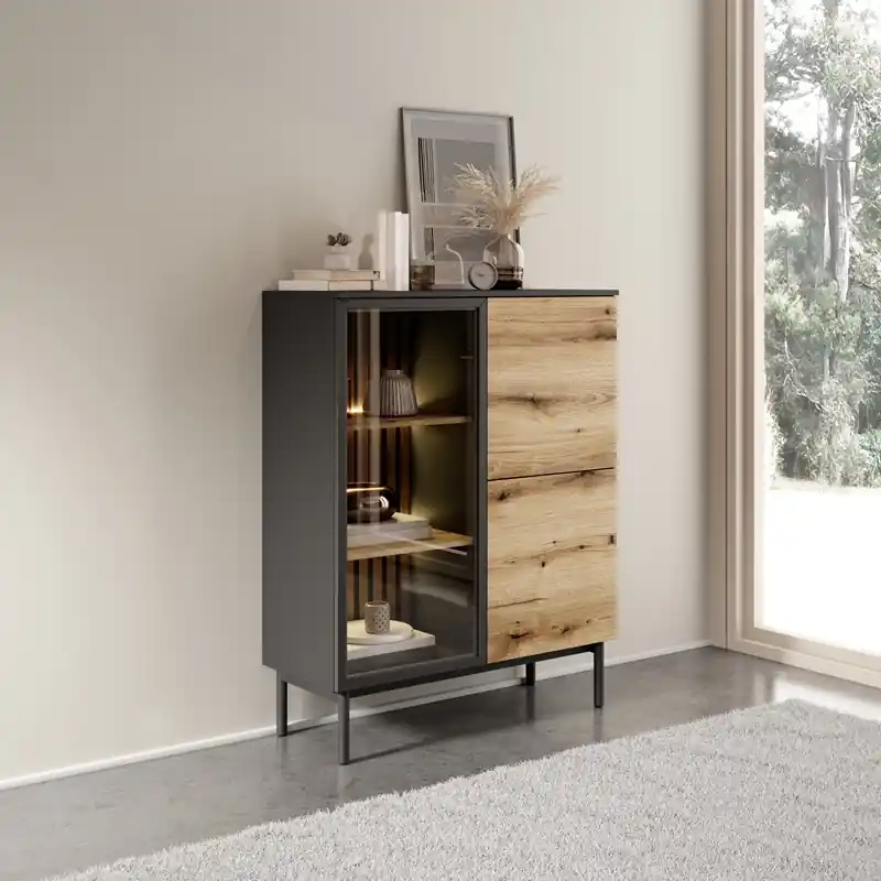 Vetrina alta moderna soggiorno 3 ante 100xH125 rovere nero Zoe Compra Oggi Stesso